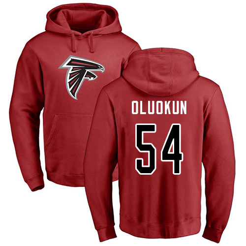 Atlanta Falcons Men Red Foye Oluokun Name And Number Logo NFL Football 54 Pullover Hoodie Sweatshirts
